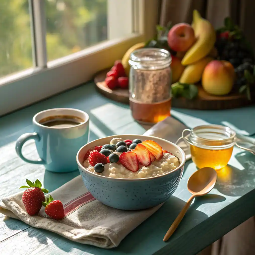 Petit-déjeuner sain avec un recette porridge au sirop d’érable et cannelle.