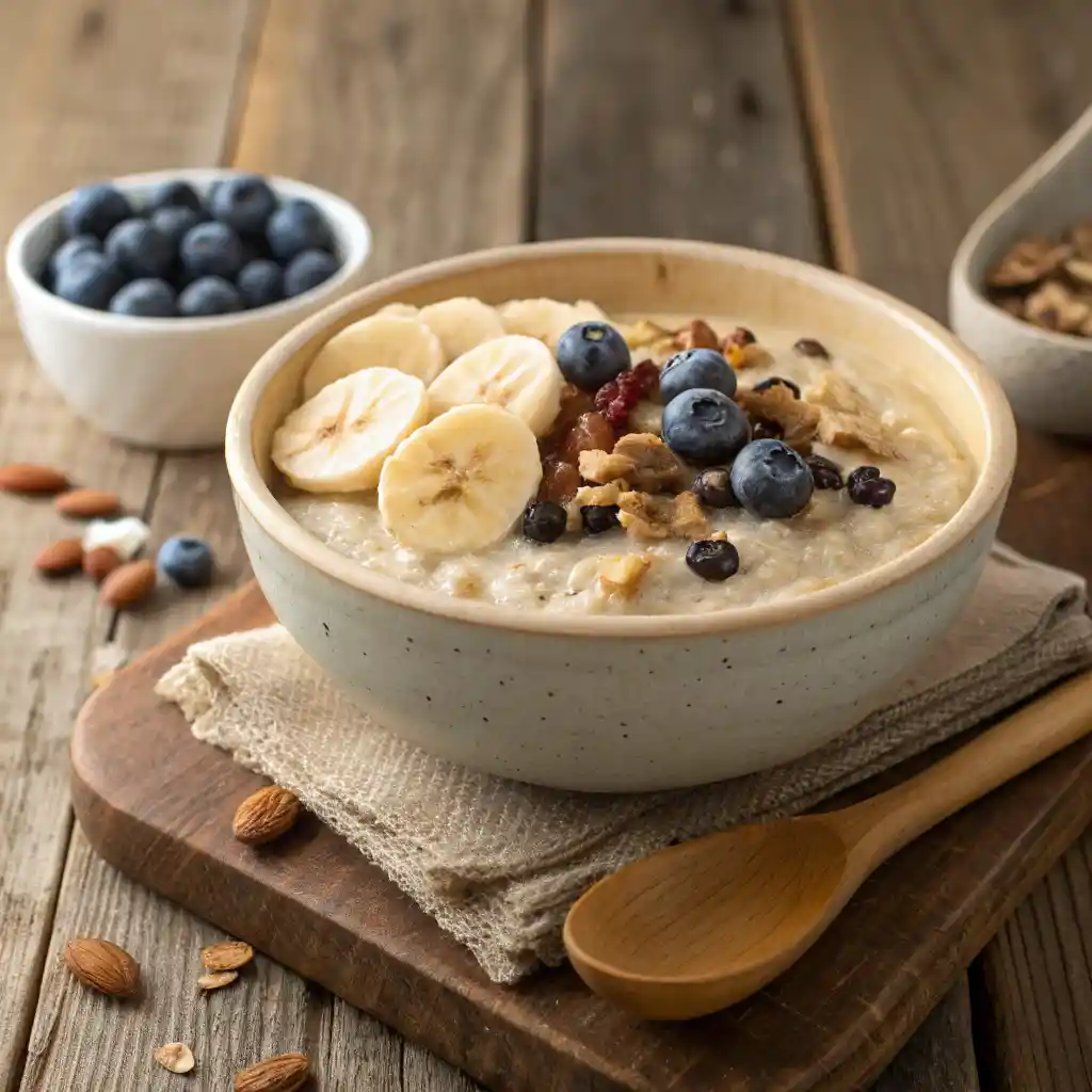 Bol de recette porridge crémeux garni de bananes et myrtilles fraîches.
