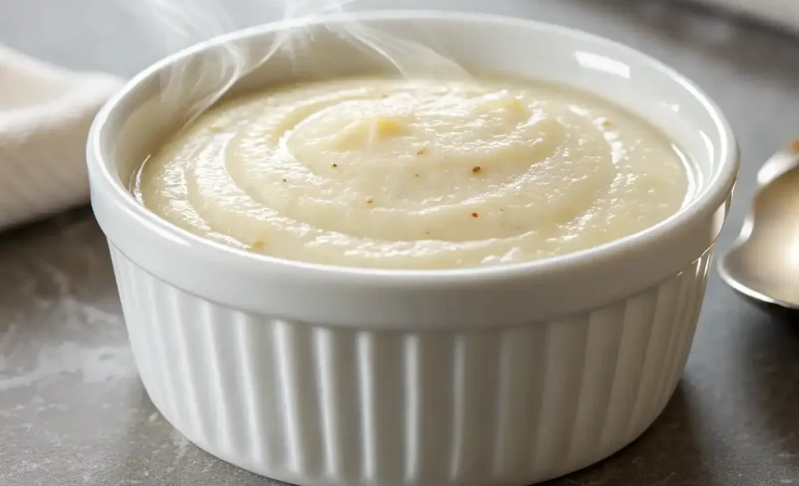 Bol de semoule au lait crémeuse préparée avec du lait entier et du sucre.