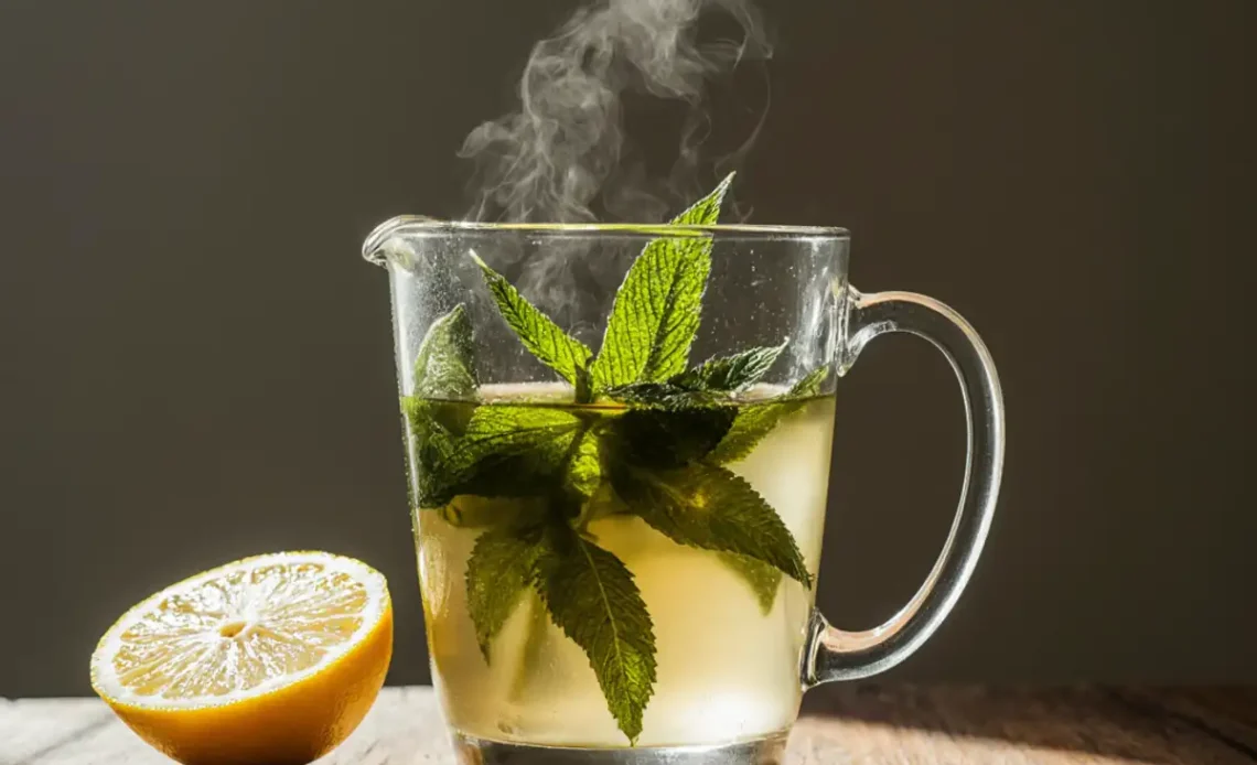 Infusion fraîche de mélisse dans une tasse en verre avec des tranches de citron, parfaite pour une Recette de mélisse pour perdre du poids.