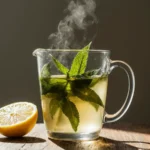 Infusion fraîche de mélisse dans une tasse en verre avec des tranches de citron, parfaite pour une Recette de mélisse pour perdre du poids.