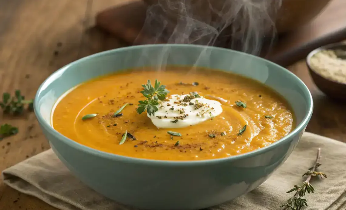 Bol de soupe butternut crémeuse garni de persil et graines de courge
