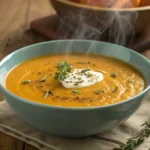 Bol de soupe butternut crémeuse garni de persil et graines de courge