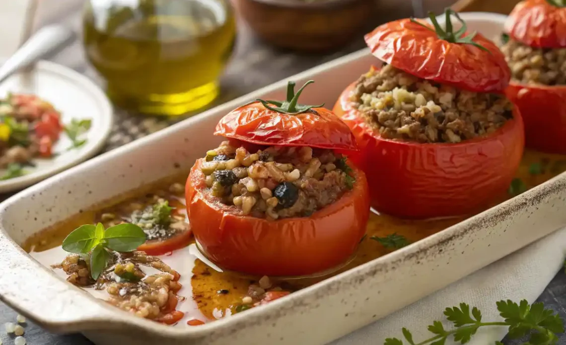 Plat de Tomates Farcies Grecques servies comme plat principal ou accompagnement