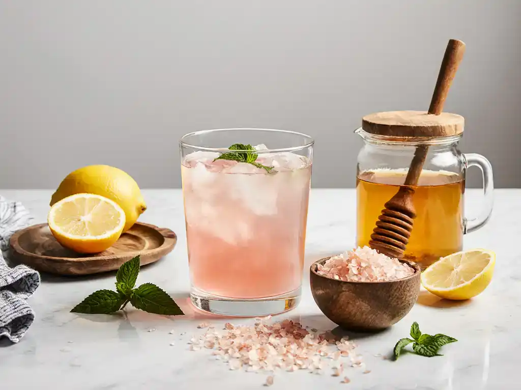 Verre prêt à consommer de la Recette japonaise de sel rose, accompagné d’ingrédients naturels sur un comptoir lumineux.