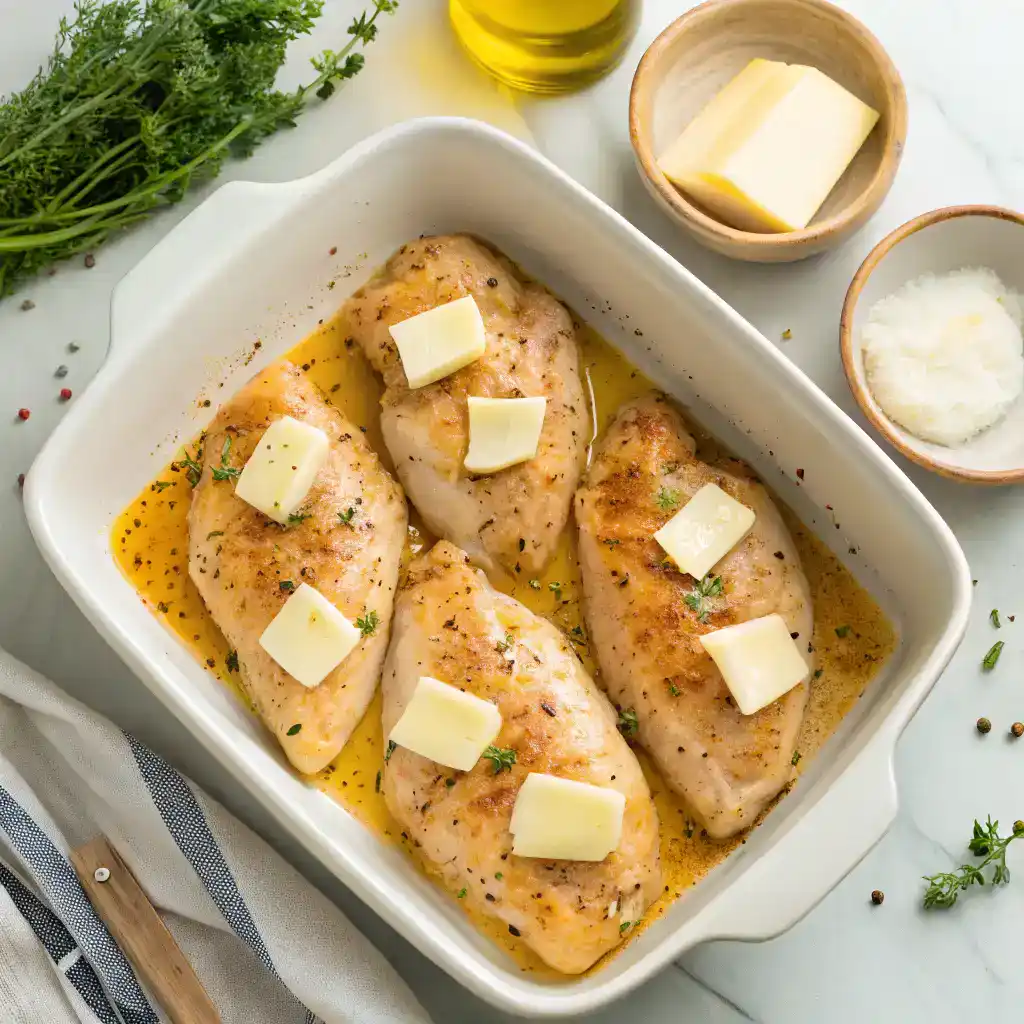 Filets de poulet au four assaisonnés dans un plat prêts à cuire