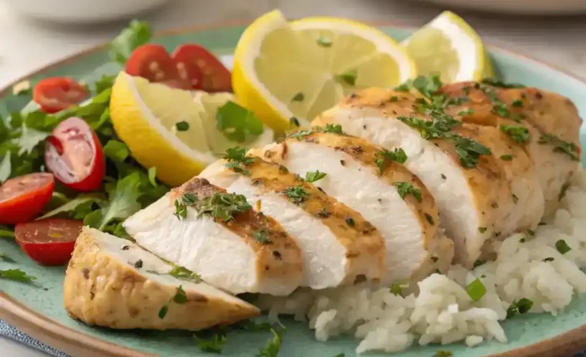 Blancs de poulet au four en train de rôtir dans un plat au four, croûte dorée et appétissante.