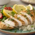 Blancs de poulet au four en train de rôtir dans un plat au four, croûte dorée et appétissante.
