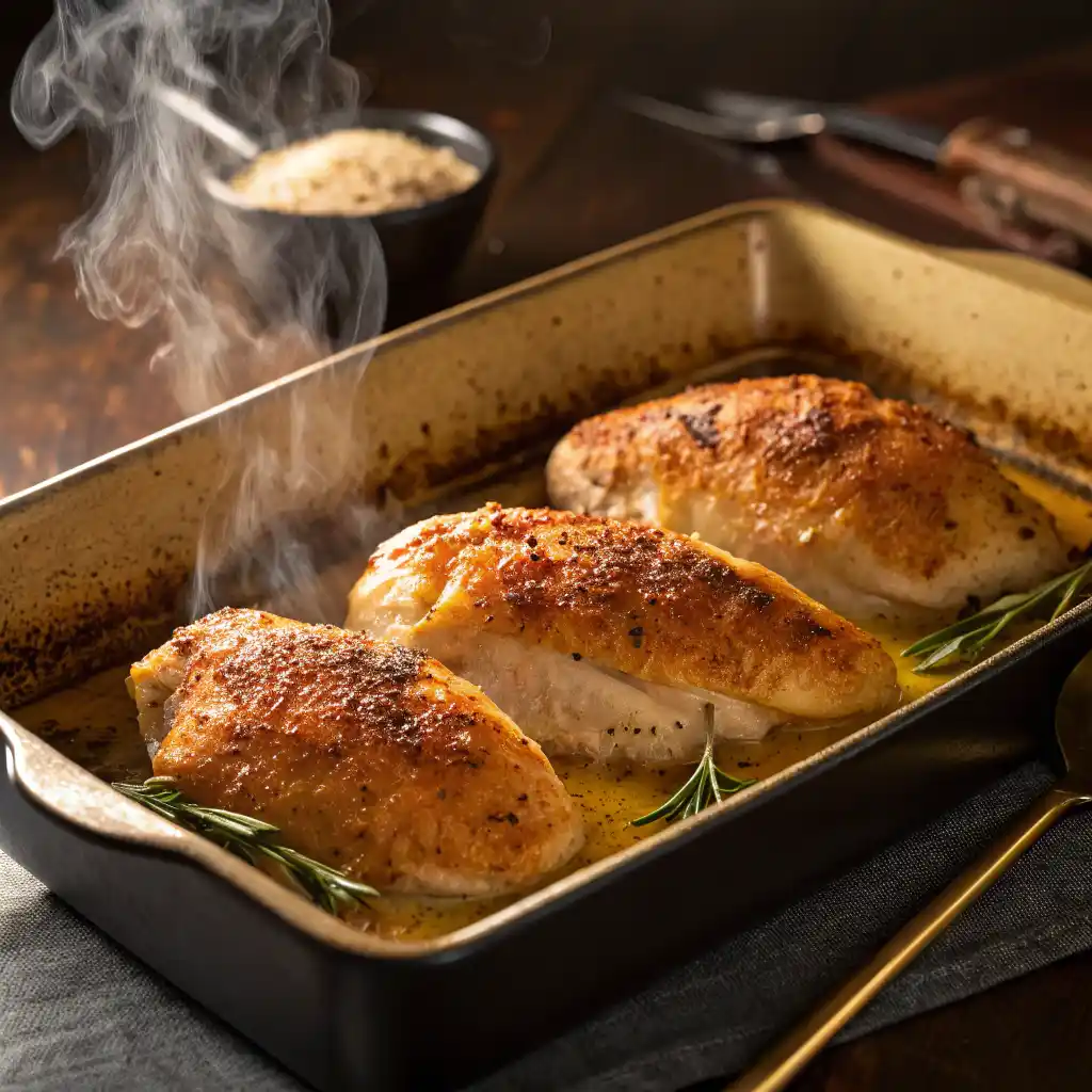 Gros plan sur les blancs de poulet au four badigeonnés de beurre fondu et assaisonnés avec paprika, sel et poivre.