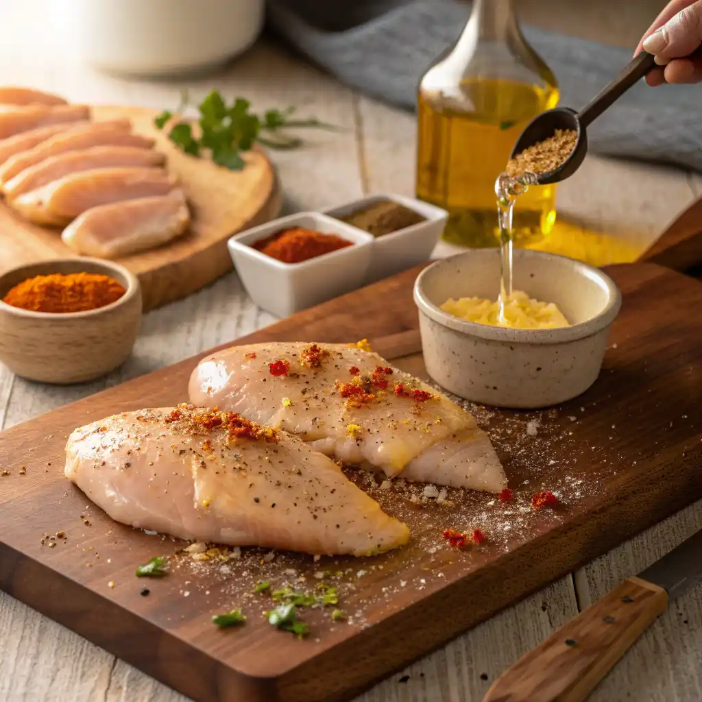 Blancs de poulet au four dorés et juteux servis avec des légumes rôtis colorés dans un plat de cuisson.