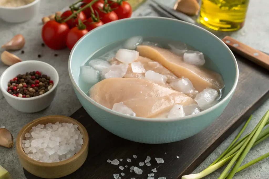 Préparation des blancs de poulet au four dans une saumure avec glace et sel sur un plan de travail de cuisine.