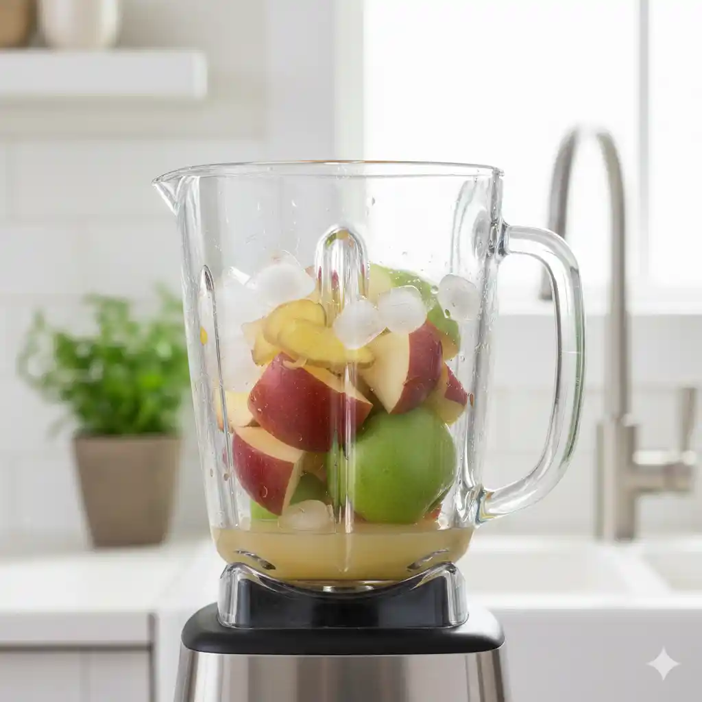 Blender rempli de pommes, citron et gingembre pour faire son jus de pomme sain et naturel.