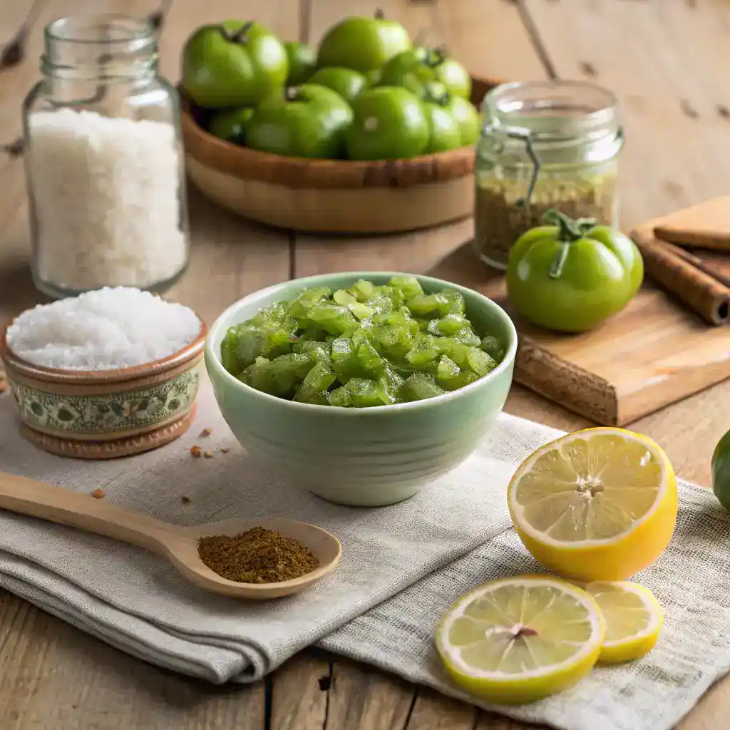 "Cuisson de la confiture de tomates vertes dans une grande casserole avec des épices et des tranches de citron."