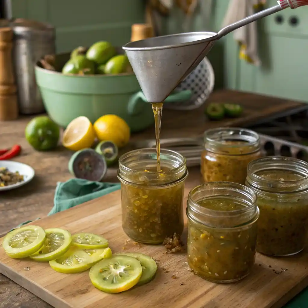 "Tartine de pain grillé garnie de confiture de tomates vertes, accompagnée de citron et cannelle."