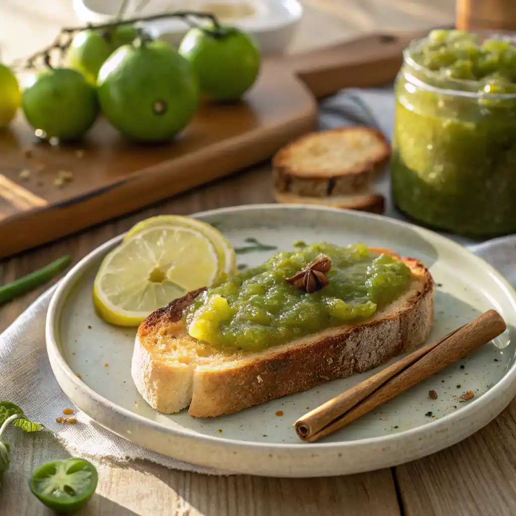 "Bocaux stérilisés remplis de confiture de tomates vertes prêts pour le stockage."