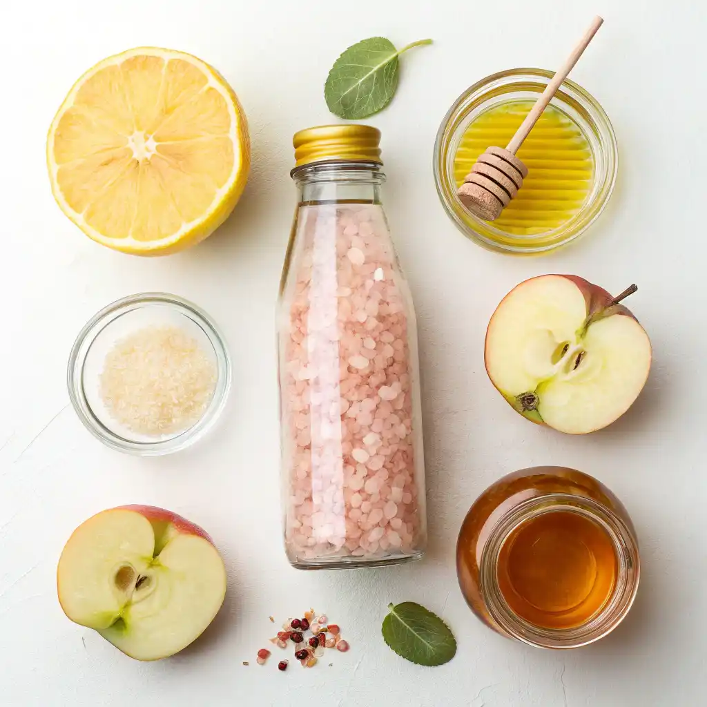 Ingrédients naturels pour Détox Matinale Sel Rose : sel rose, eau filtrée, citron et vinaigre de cidre.