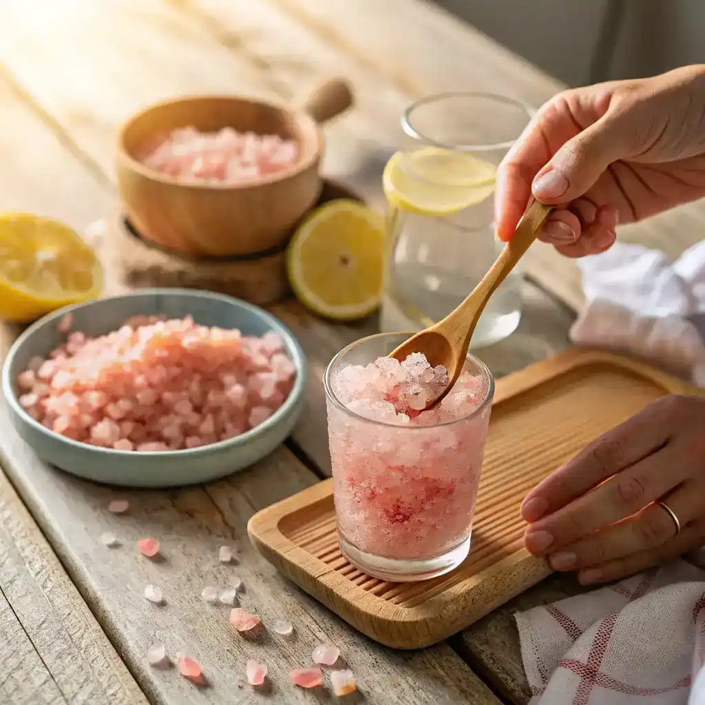 Verre de Détox Matinale Sel Rose sur un comptoir de cuisine, prêt pour une matinée énergique.