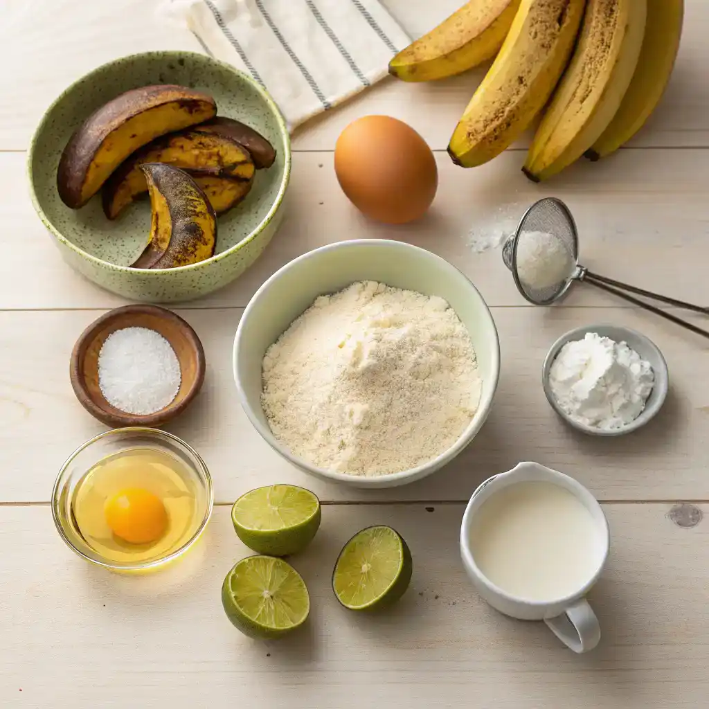 Ingrédients nécessaires pour préparer un pain aux bananes maison.