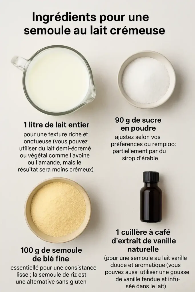 Ingrédients pour la Recette de Semoule au lait : lait, semoule et sucre pour un dessert crémeux.
