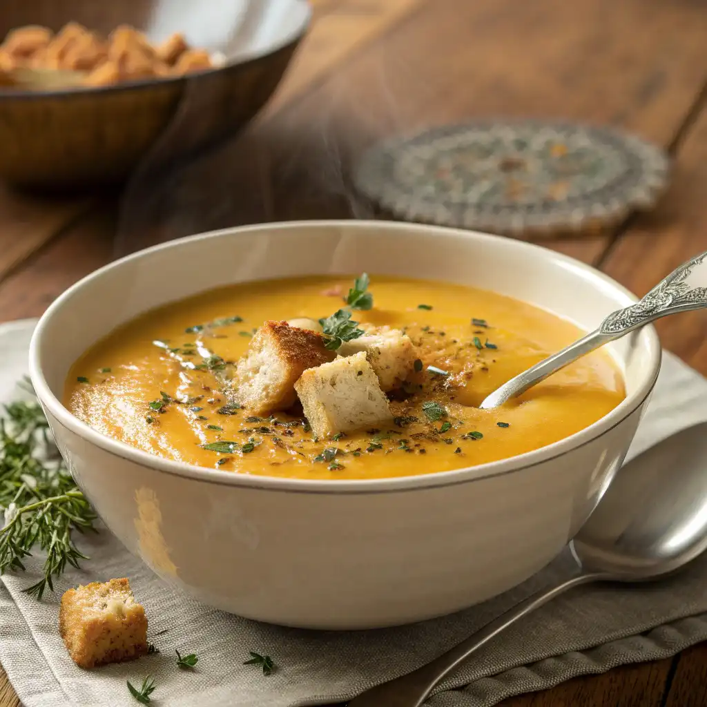 Mijotage de la soupe butternut dans une casserole avec bouillon et épices