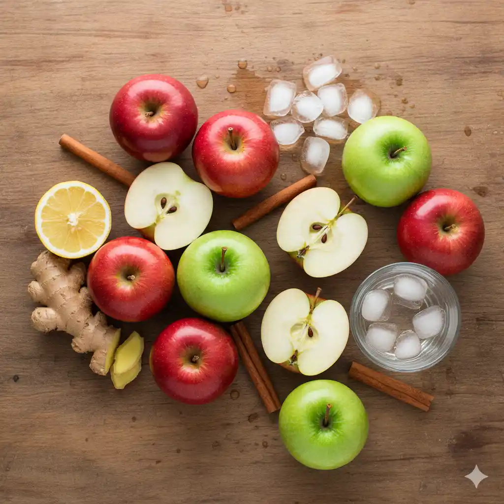 Ingrédients frais pour faire son jus de pomme maison, incluant pommes, citron, gingembre et cannelle.