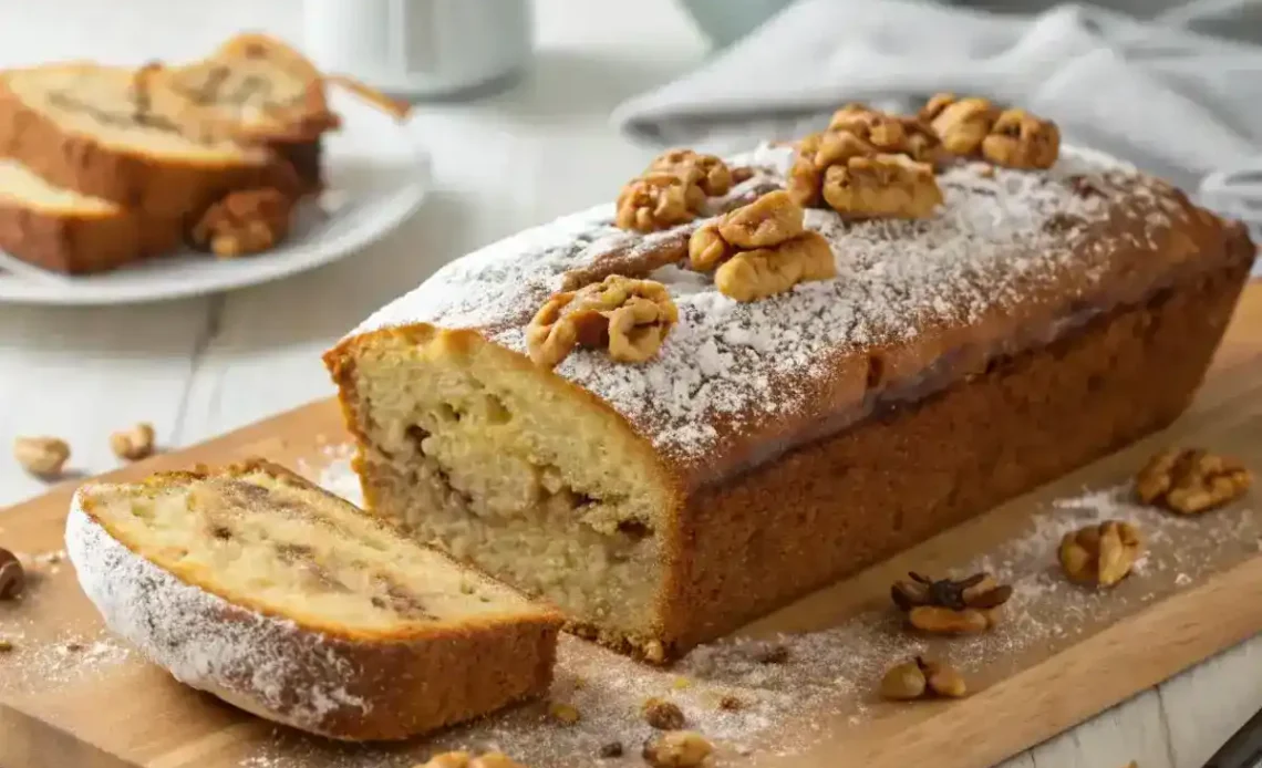 Recette facile de pain aux bananes fait maison, doré et moelleux.