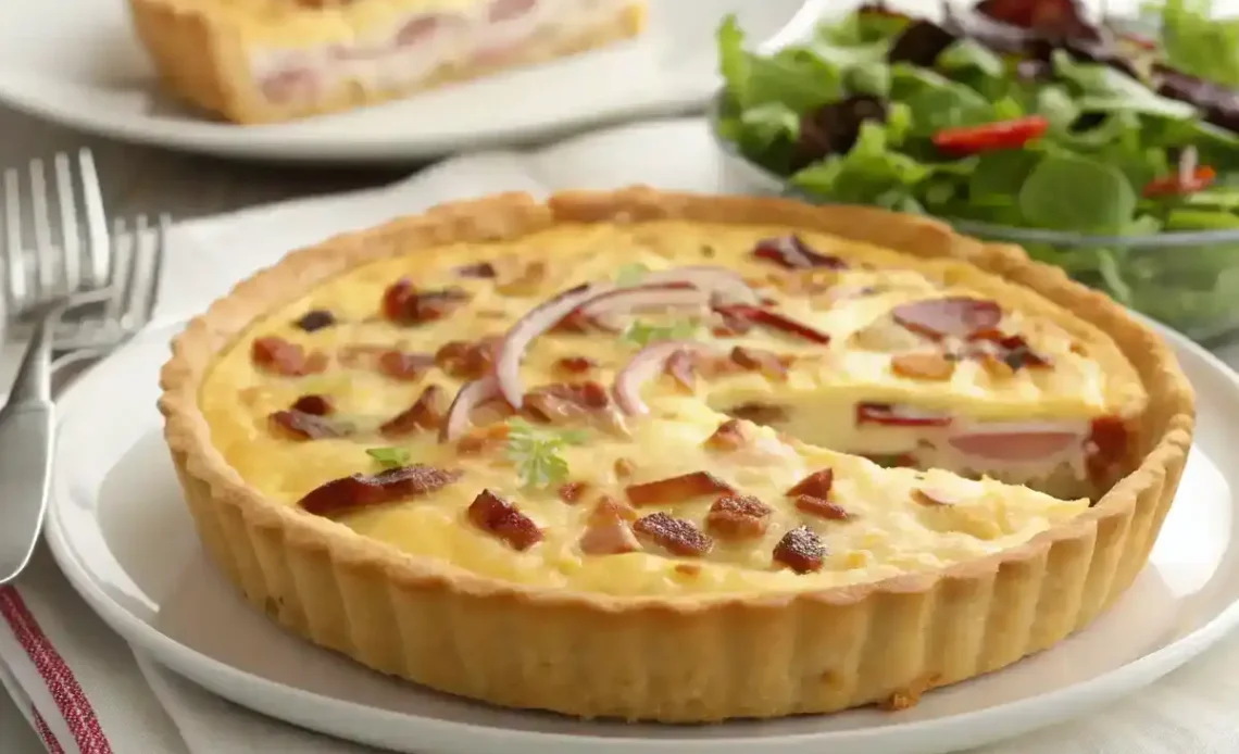 Portion de quiche lorraine coupée en parts, montrant la garniture crémeuse aux œufs, fromage et lardons