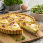 Quiche lorraine classique avec pâte dorée, lardons, fromage et oignons caramélisés, servie chaude sur une assiette