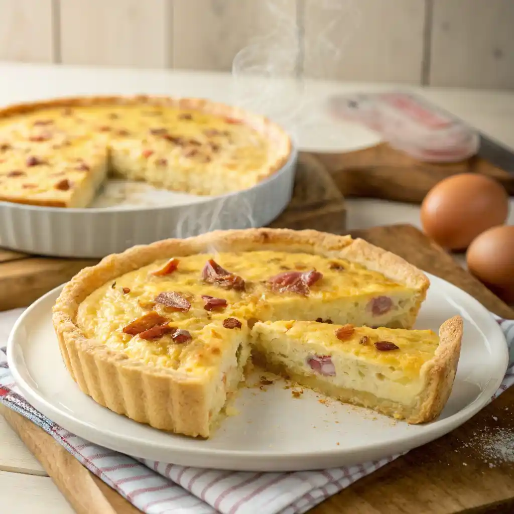 Quiche lorraine prête à être dégustée, accompagnée d’une salade verte pour un brunch savoureux