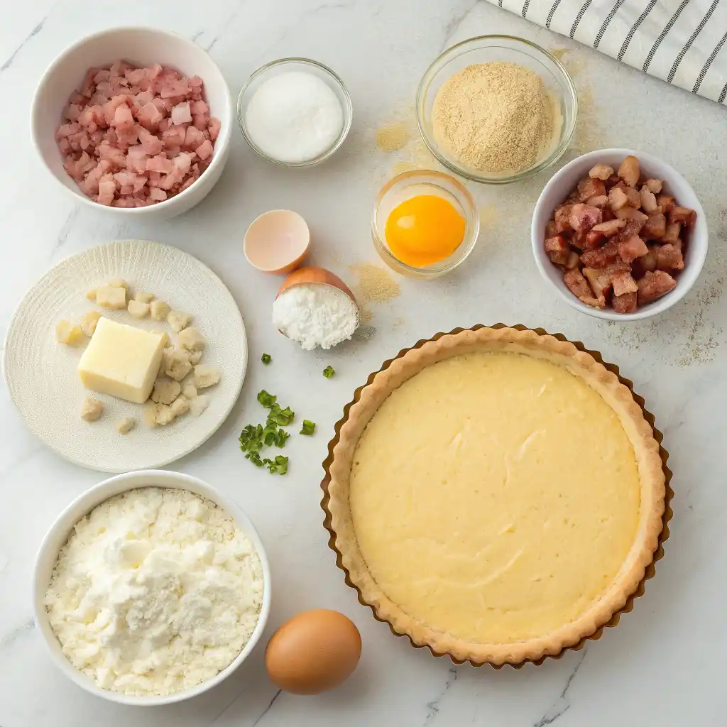 Ingrédients frais pour préparer une quiche lorraine : pâte brisée, œufs, crème, lardons, fromage et oignons
