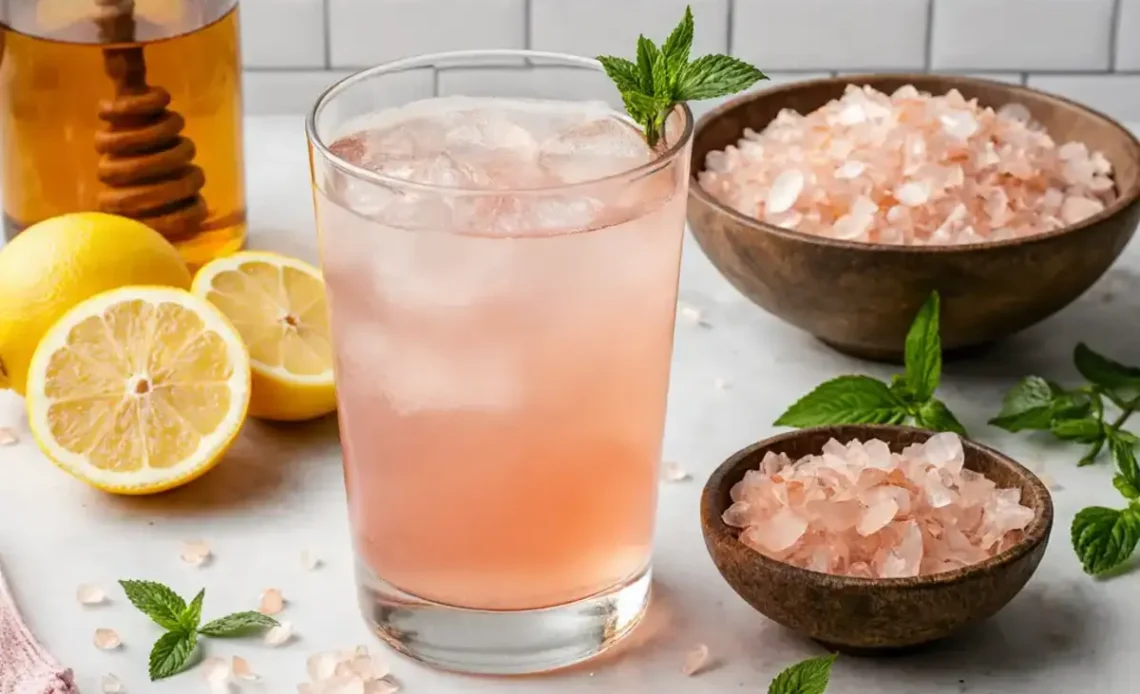 Variante de la Recette japonaise de sel rose avec gingembre frais et feuilles de menthe pour un goût rafraîchissant.