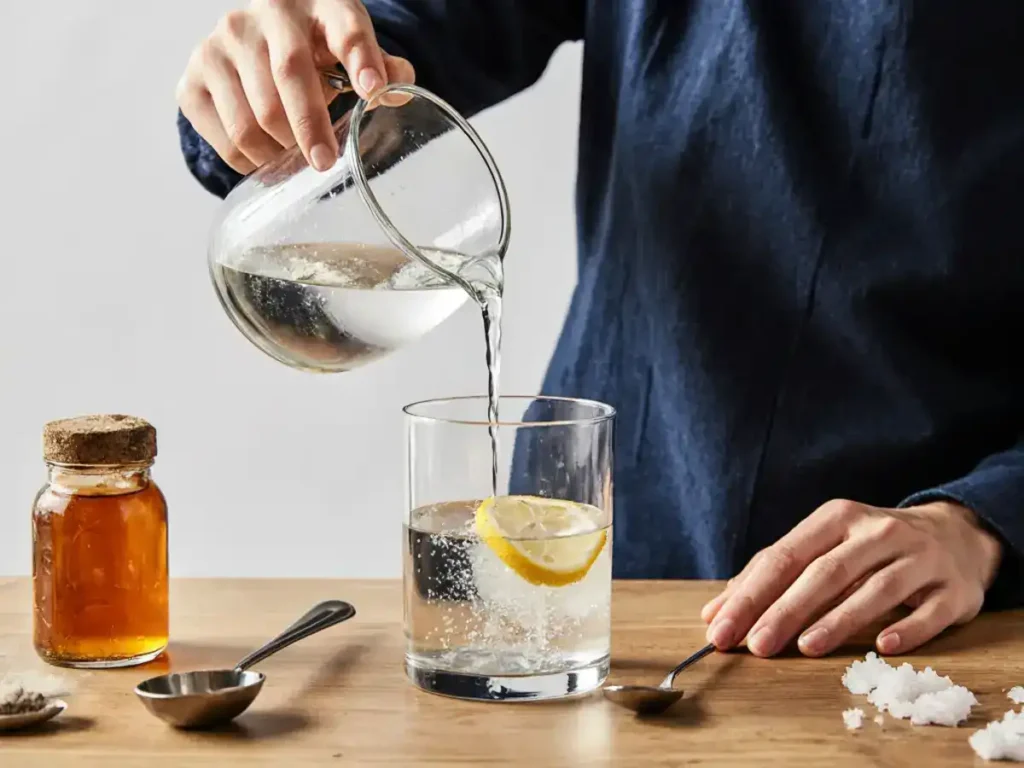 Ingrédients pour la Recette japonaise de sel rose : sel rose de l’Himalaya, citron frais, eau tiède et miel.
