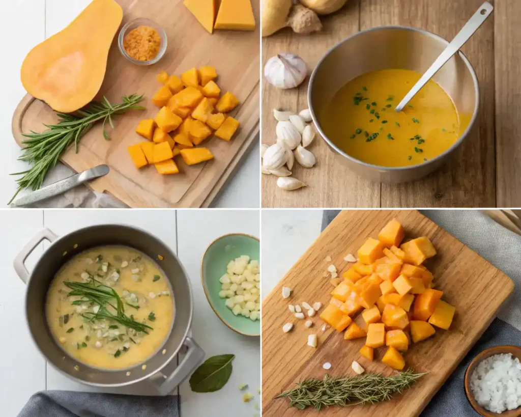 Ingrédients pour la soupe butternut : courge, oignon, ail, herbes fraîches et bouillon