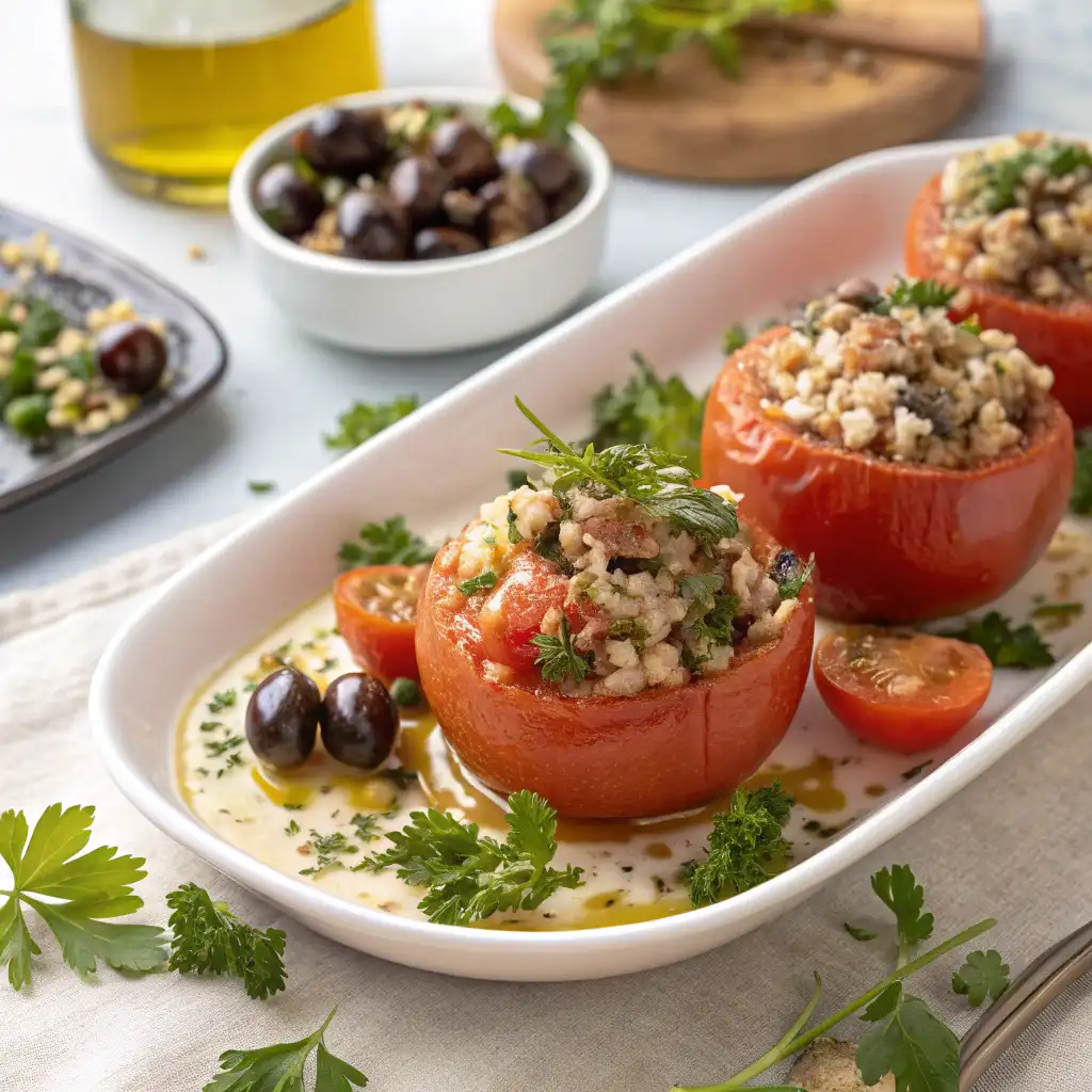 Détail de la garniture des Tomates Farcies Grecques avec viande, riz et épices