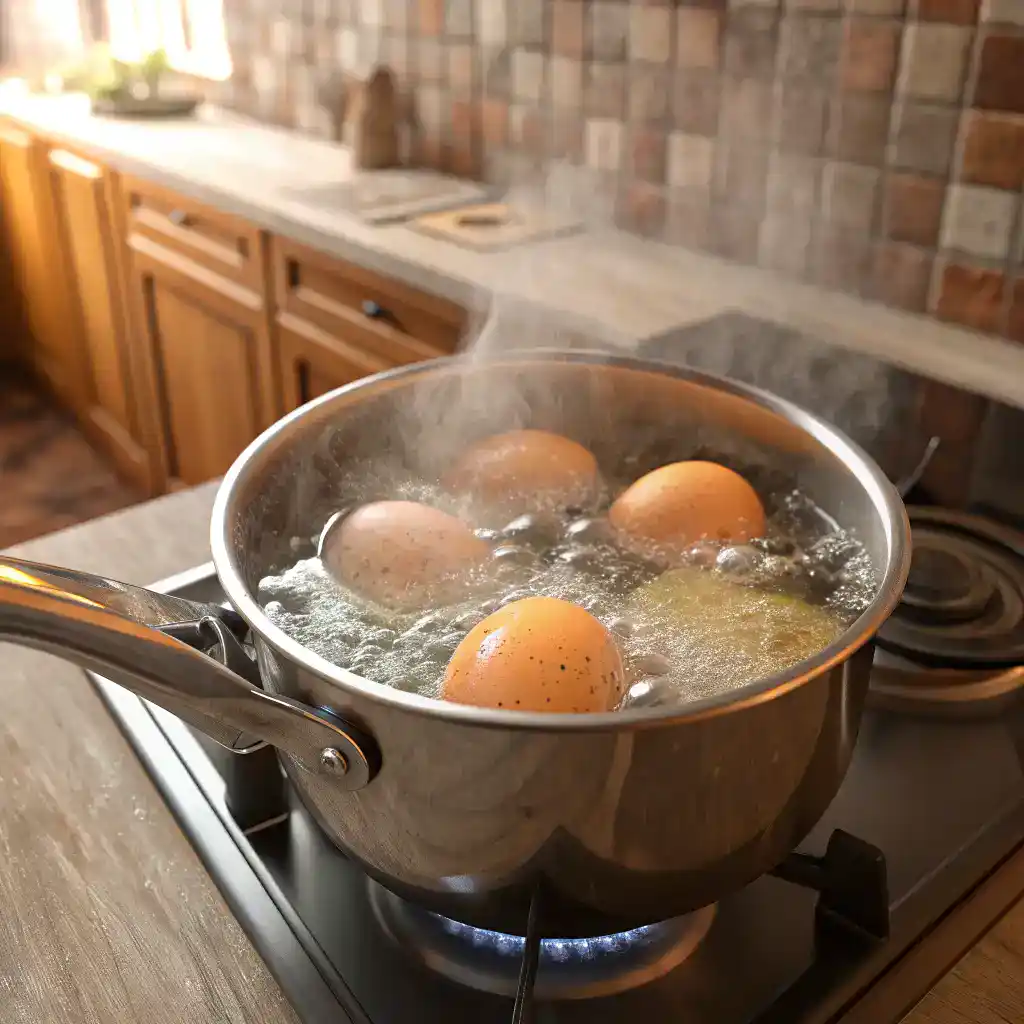 "Ingrédients frais pour la Cuisson Oeuf Dur sur un comptoir en bois avec œufs, vinaigre et sel."