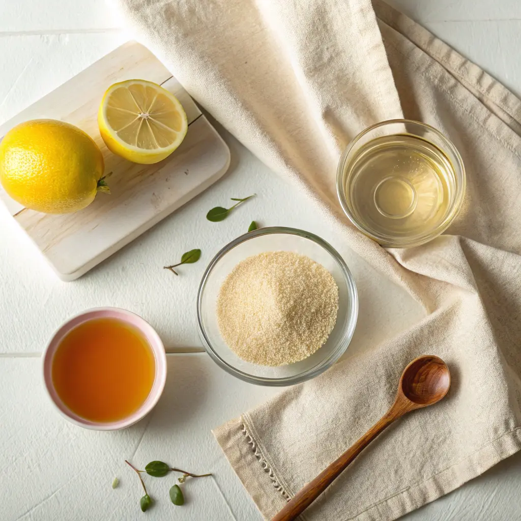 Bol de gélatine naturelle, eau chaude et citron sur un plan de travail lumineux — l’astuce de la gélatine pour des articulations souples et une peau saine.