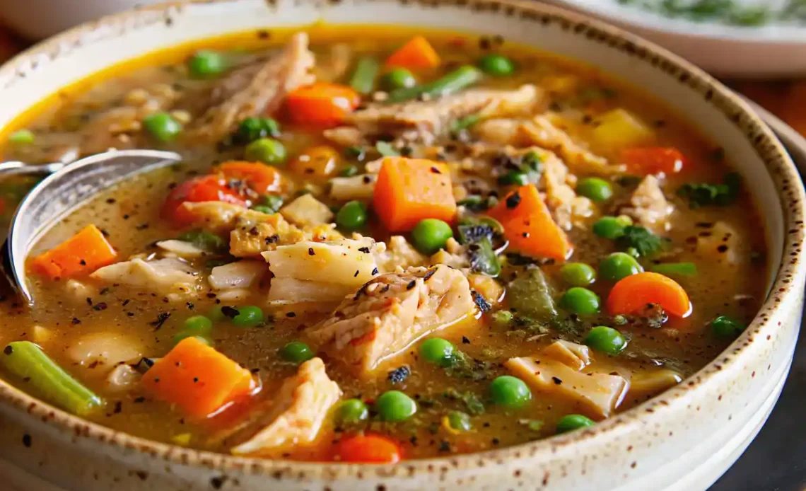 Bol fumant de soupe de poulet aux légumes servi avec du persil frais et du parmesan râpé.