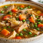 Bol fumant de soupe de poulet aux légumes servi avec du persil frais et du parmesan râpé.