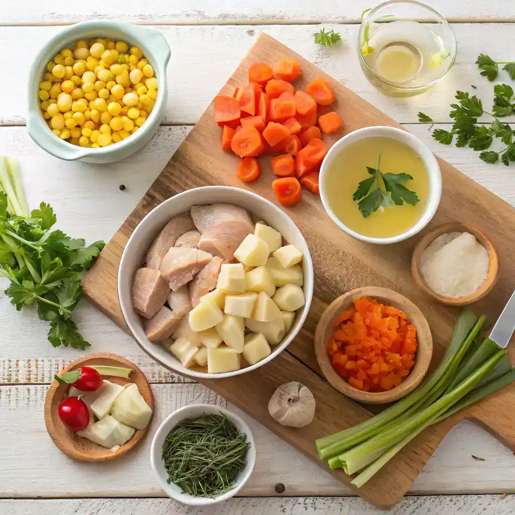 Ingrédients frais disposés pour préparer une délicieuse soupe de poulet aux légumes maison.
